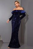 Sparkly Royal Blue Sheath Off the Shulder Long Formal Dress