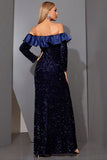 Sparkly Royal Blue Sheath Off the Shulder Long Formal Dress