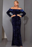 Sparkly Royal Blue Sheath Off the Shulder Long Formal Dress