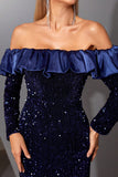 Sparkly Royal Blue Sheath Off the Shulder Long Formal Dress