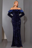 Sparkly Royal Blue Sheath Off the Shulder Long Formal Dress