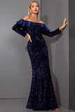 Sparkly Royal Blue Sheath Off the Shulder Long Formal Dress