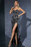 Sparkly Appliques Black Silver Sheath Long Formal Dress with Slit