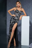 Sparkly Appliques Black Silver Sheath Long Formal Dress with Slit