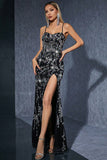 Sparkly Appliques Black Silver Sheath Long Formal Dress with Slit
