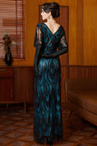 Sheath V Neck Black Blue Long 1920s Dress with Sequins