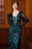 Sheath V Neck Black Blue Long 1920s Dress with Sequins