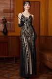 Black Apricot Sheath V Neck Long 1920s Dress with Sequins