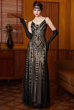 Black Apricot Sheath V Neck Long 1920s Dress with Sequins