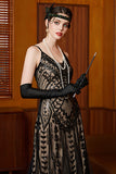 Black Apricot Sheath V Neck Long 1920s Dress with Sequins