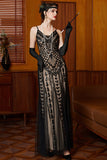 Black Apricot Sheath V Neck Long 1920s Dress with Sequins