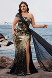 Sparkly Black Golden Mermaid Sequins Formal Dress with Slit