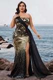 Sparkly Black Golden Mermaid Sequins Formal Dress with Slit