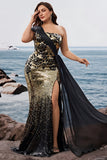 Sparkly Black Golden Mermaid Sequins Formal Dress with Slit