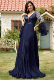 Sparkly Navy V Neck A Line Formal Dress with Sequins