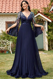 Sparkly Navy V Neck A Line Formal Dress with Sequins