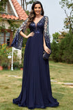 Sparkly Navy V Neck A Line Formal Dress with Sequins