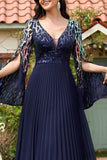 Sparkly Navy V Neck A Line Formal Dress with Sequins
