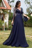 Sparkly Navy V Neck A Line Formal Dress with Sequins