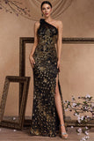 Sparkly Black Golden Appliques One Shoulder Sheath Formal Dress with Slit