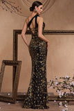 Sparkly Black Golden Appliques One Shoulder Sheath Formal Dress with Slit