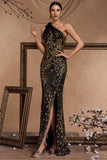Sparkly Black Golden Appliques One Shoulder Sheath Formal Dress with Slit