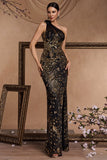 Sparkly Black Golden Appliques One Shoulder Sheath Formal Dress with Slit