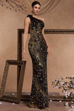 Sparkly Black Golden Appliques One Shoulder Sheath Formal Dress with Slit