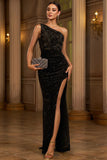 Sparkly Black One Shoulder Sheath Formal Dress with Slit