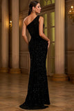 Sparkly Black One Shoulder Sheath Formal Dress with Slit