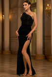Sparkly Black One Shoulder Sheath Formal Dress with Slit