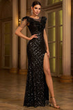 Sparkly Black Sequins V Neck Sheath Formal Dress with Slit