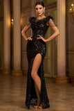 Sparkly Black Sequins V Neck Sheath Formal Dress with Slit