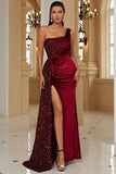 Glitter Burgundy One Shoulder Sheath Formal Dress with Slit