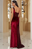 Glitter Burgundy One Shoulder Sheath Formal Dress with Slit