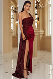 Glitter Burgundy One Shoulder Sheath Formal Dress with Slit