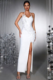 White 3D Flower Halter Sheath Prom Dress with Slit
