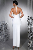 White 3D Flower Halter Sheath Prom Dress with Slit