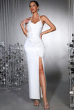 White 3D Flower Halter Sheath Prom Dress with Slit