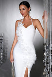 White 3D Flower Halter Sheath Prom Dress with Slit