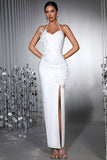 White 3D Flower Halter Sheath Prom Dress with Slit