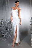 White 3D Flower Halter Sheath Prom Dress with Slit
