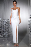White 3D Flower Halter Sheath Prom Dress with Slit