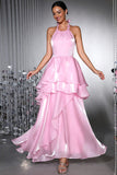 Pink Halter Chiffon A Line Prom Dress with Ruffled