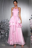 Pink Halter Chiffon A Line Prom Dress with Ruffled