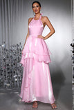 Pink Halter Chiffon A Line Prom Dress with Ruffled