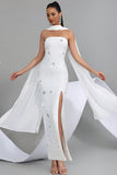 Glitter White Sheath Beaded Prom Dress with Slit and Ribbon