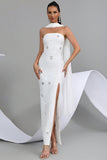 Glitter White Sheath Beaded Prom Dress with Slit and Ribbon