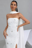 Glitter White Sheath Beaded Prom Dress with Slit and Ribbon