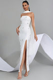 Glitter White Sheath Beaded Prom Dress with Slit and Ribbon